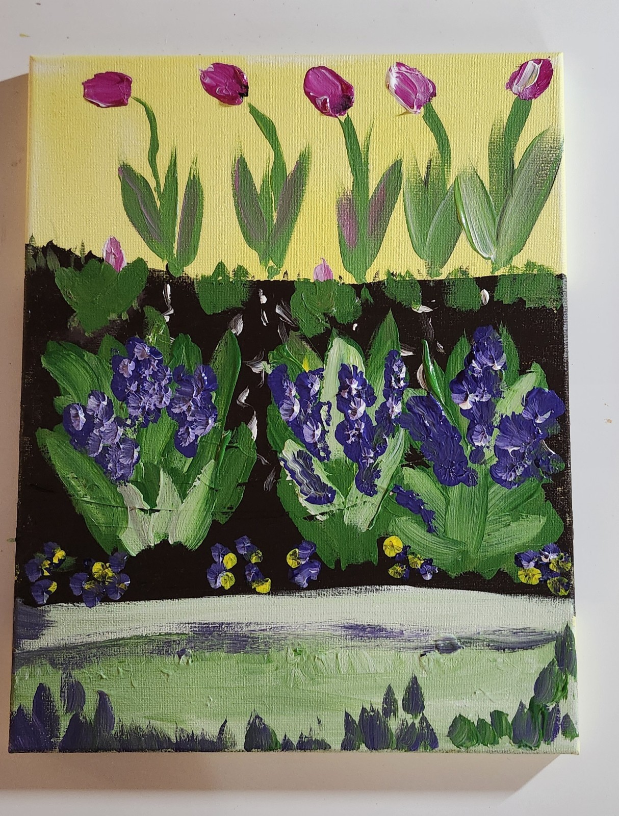 Spring Tulip Garden Painting 11×14 Original Acrylic Floral Art Hyacinth Pansies