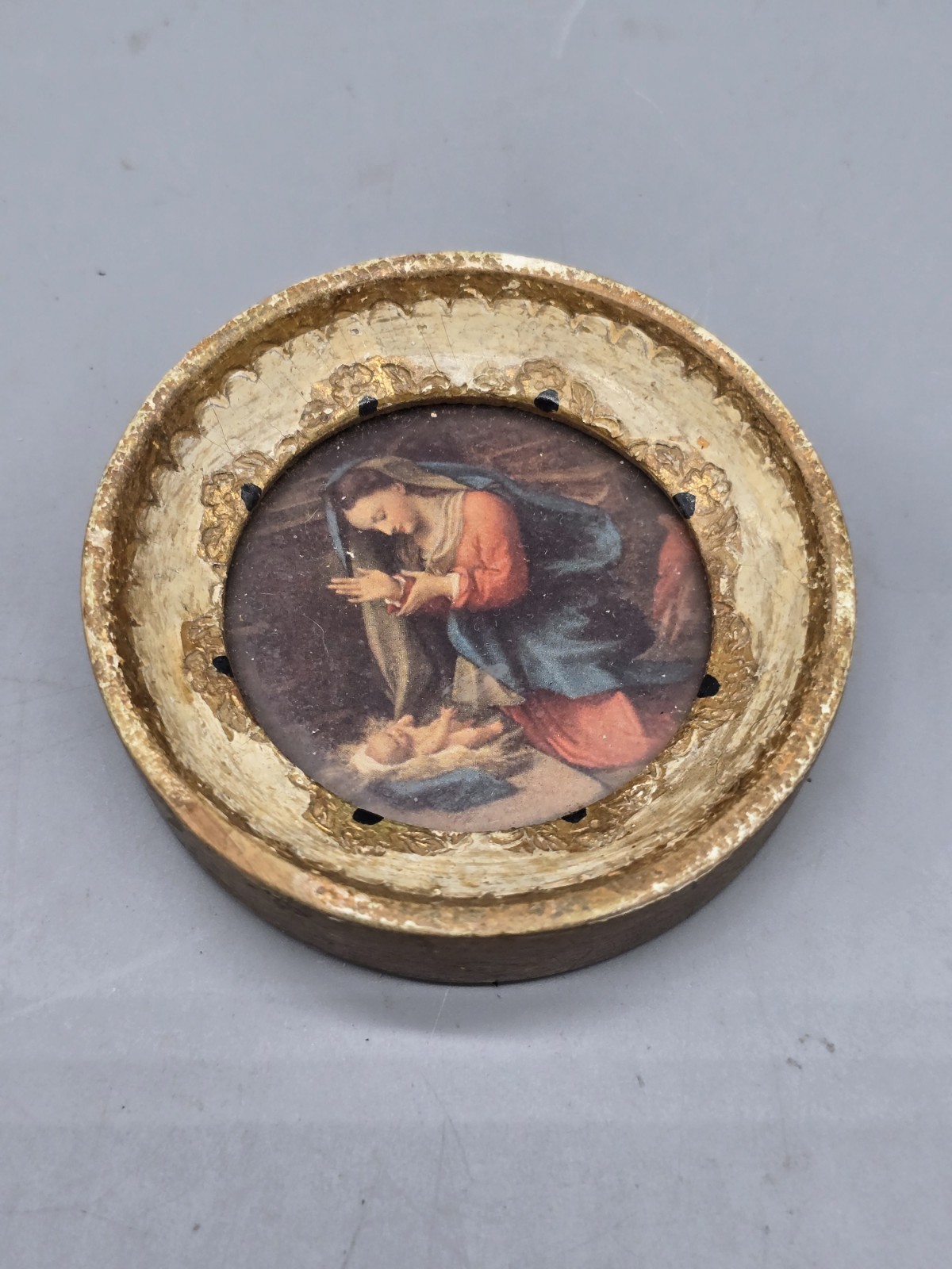 Unique Miniature Framed Art Round Small Italy Mother Mary 3″
