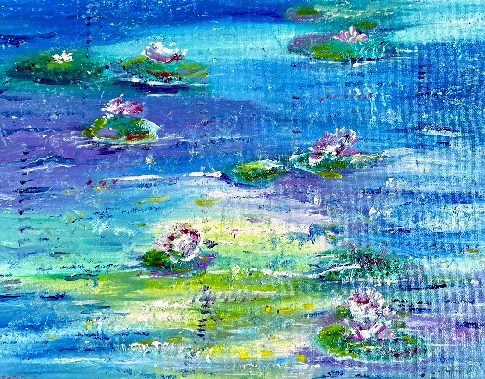 Impressionist Water Lilies Pond Original Acrylic Painting. Moonwater Creatives