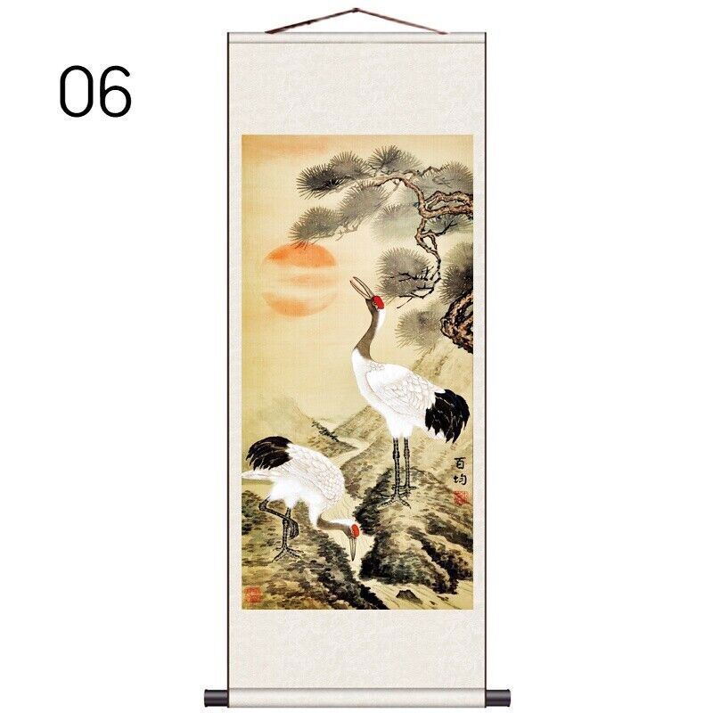 1PC Asian Silk Scroll Painting Crane Feng Shui Wall Hanging Artwork Framed