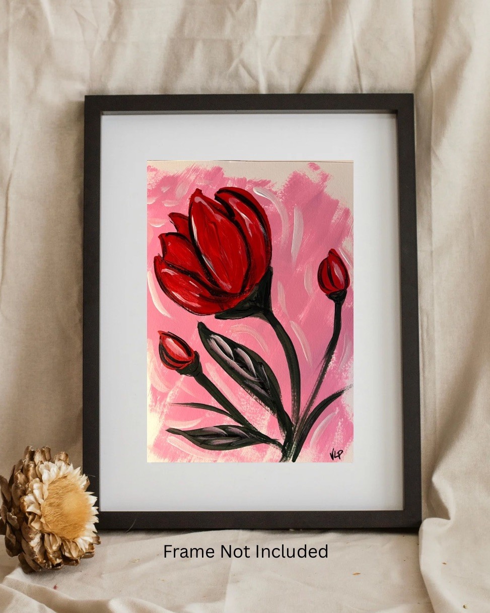 Original 9×12” Abstract Expressionist Red Flowers Pink Acrylic Paper VLP Art