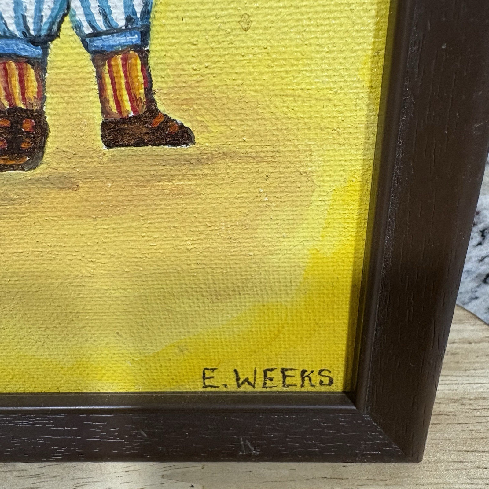 Framed Canvas Painting Small Signed E Weeks Boy Playing Flute 8.5” X 6.5”