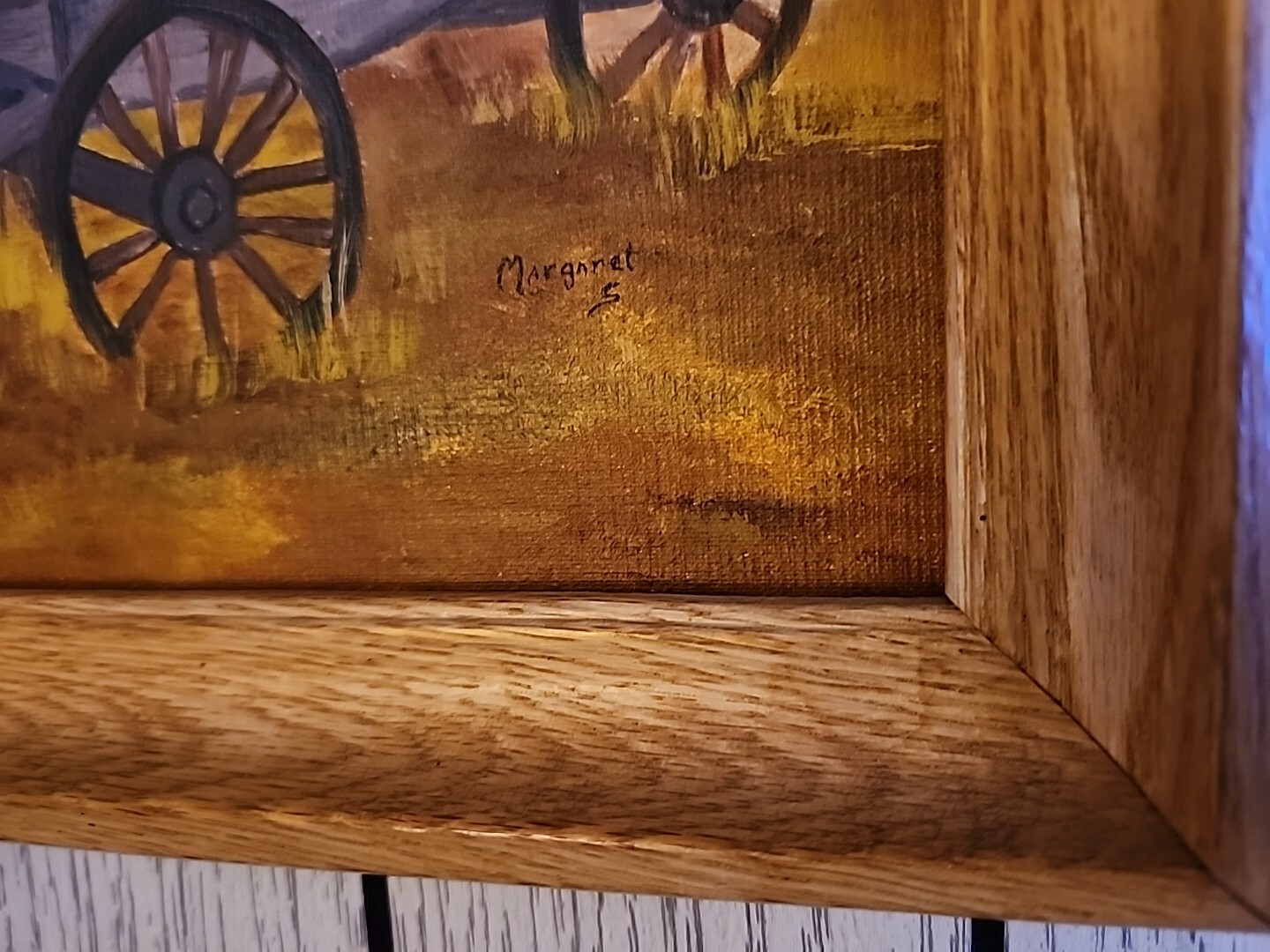 Vtg Wood FRAMED Painting Farm Still Life Wagon Rolling Hills Art Picture Signed