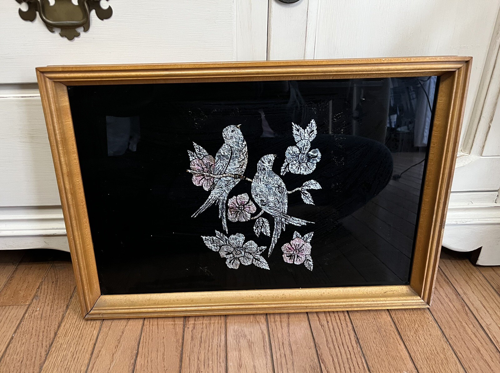 Vintage Birds & Cherry Blossoms Reverse Glass Tinsel Foils Metallic Wall Art