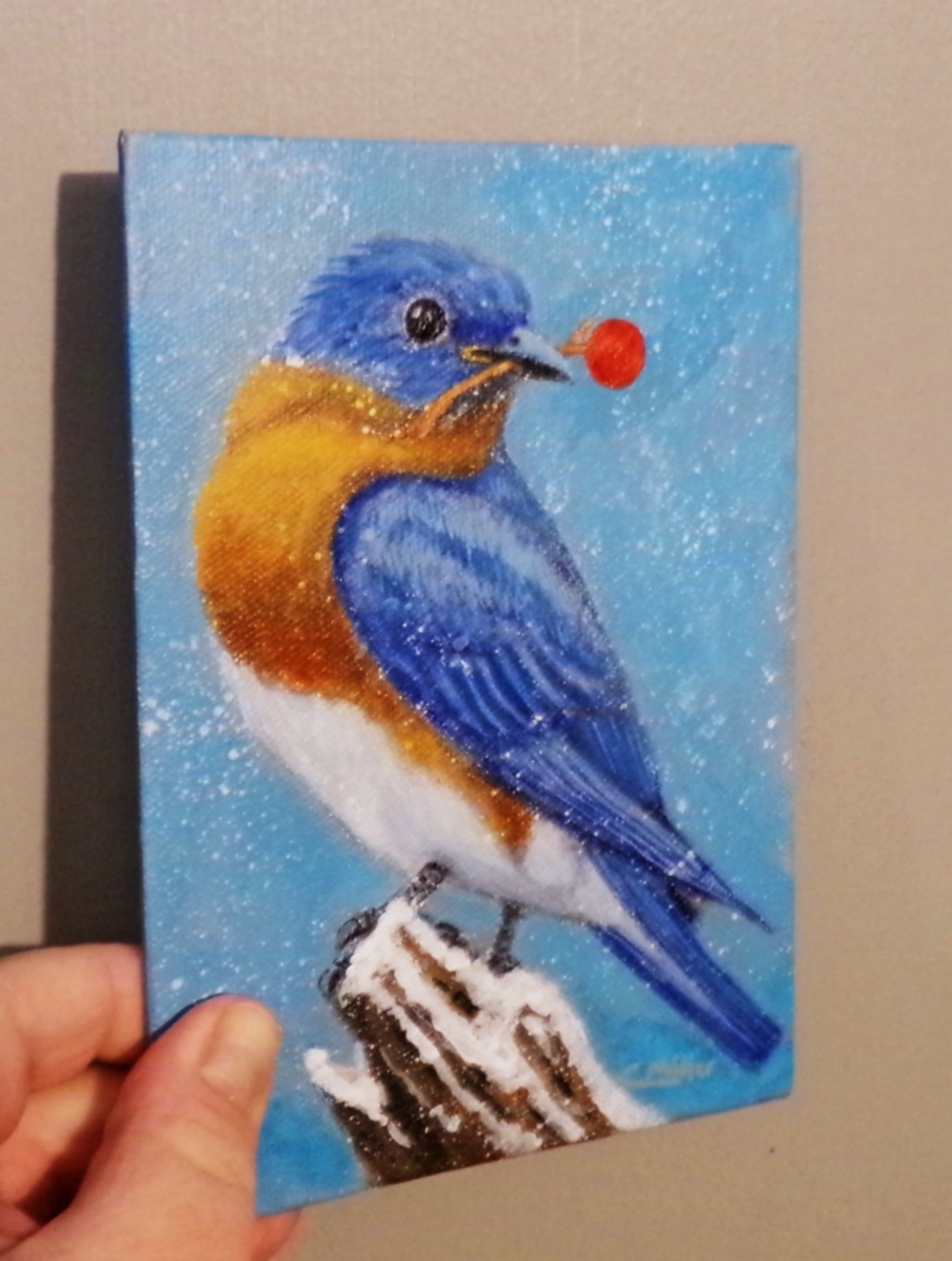 Bluebird Original Bird Painting 5×7 Winter Animal Wildlife Modern Wall Art