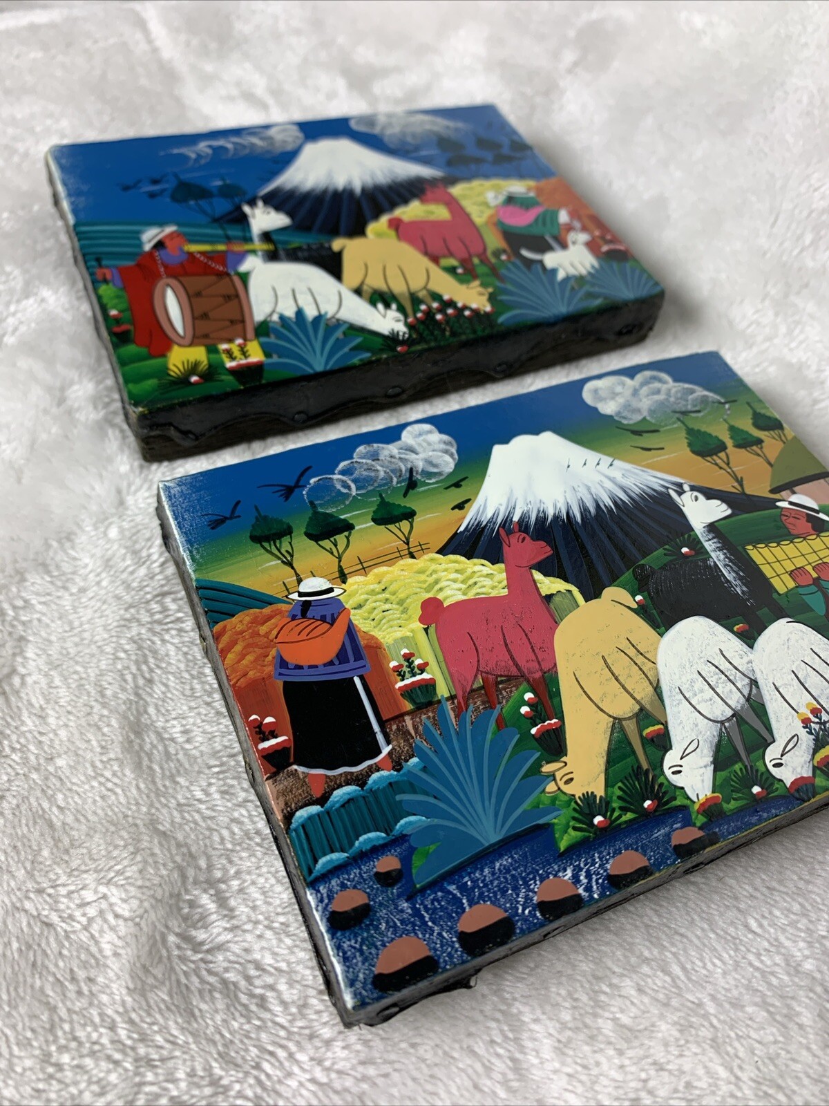 Vintage Cotopaxi Ecuador Mini Paintings Hide Llama Alpaca Signed Pedro Vega Pair