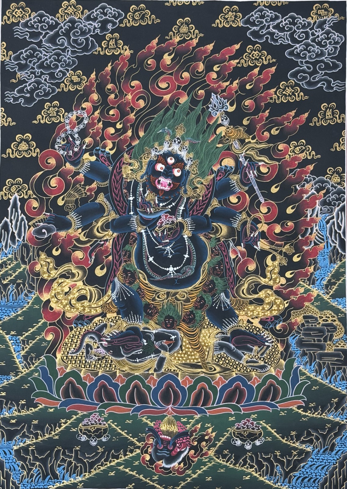 SIX ARMED MAHAKALA PROTECTOR ORIGINAL TIBETAN THANGKA PAINTING- OIL VARNISHED