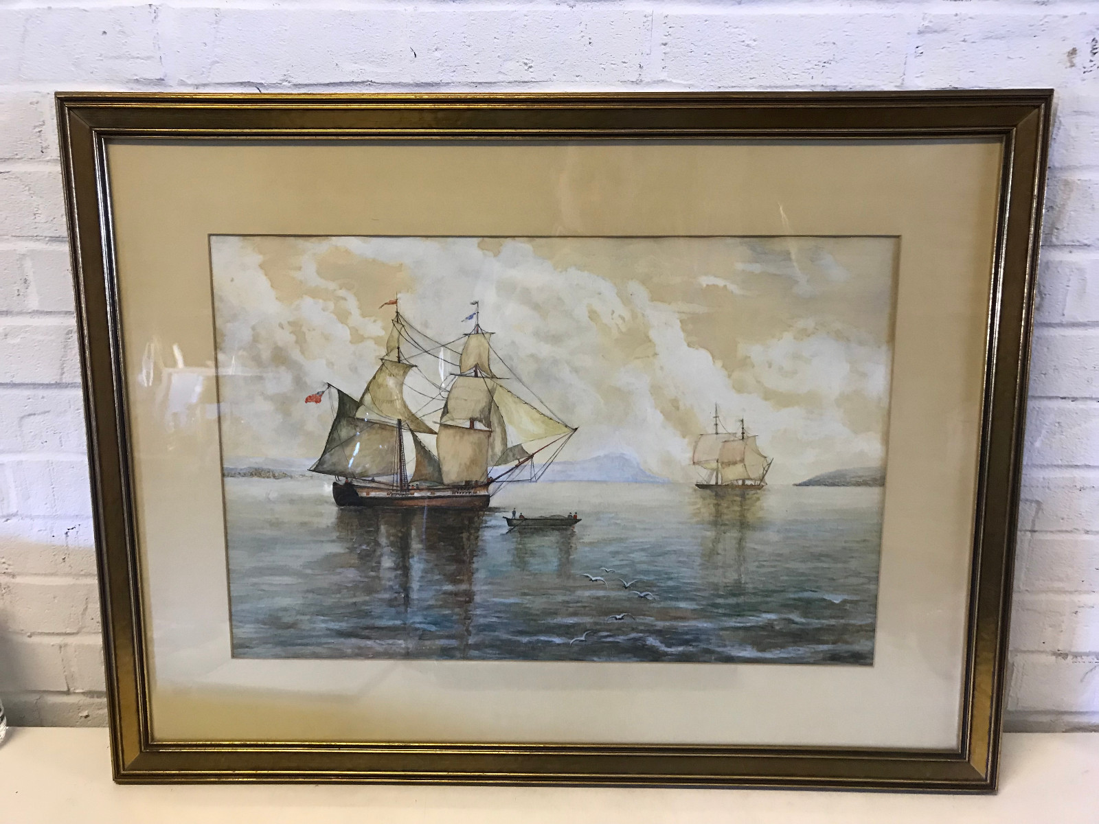 Vintage Large Watercolor Nautical Seascape Painting w/ Ships & Boats