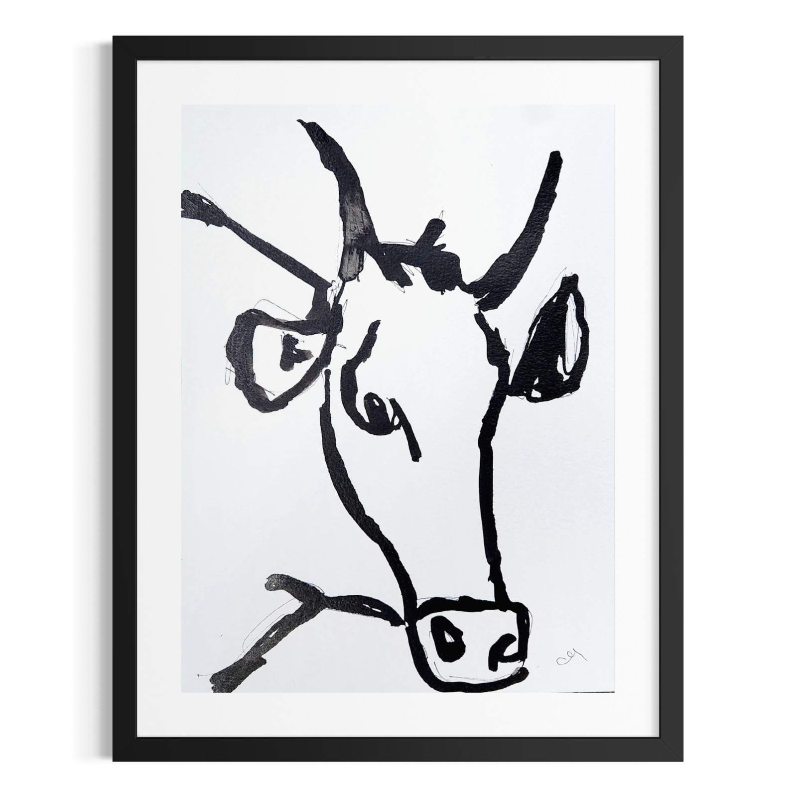 Original Minimalist Bull 9×12 Cow Western Painting Black White Acrylic Ink Art