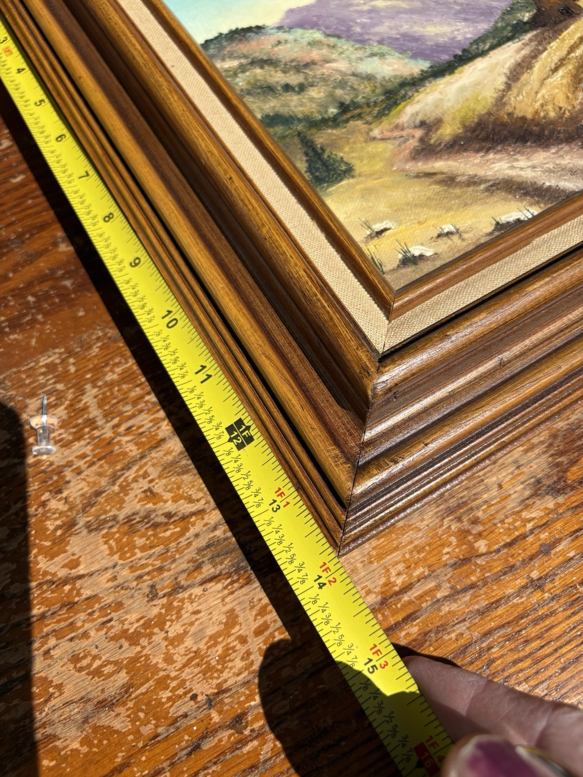 Vtg Mountain Landscape Oil Painting Rustic Cabin Decor Wood Frame Linen Lined