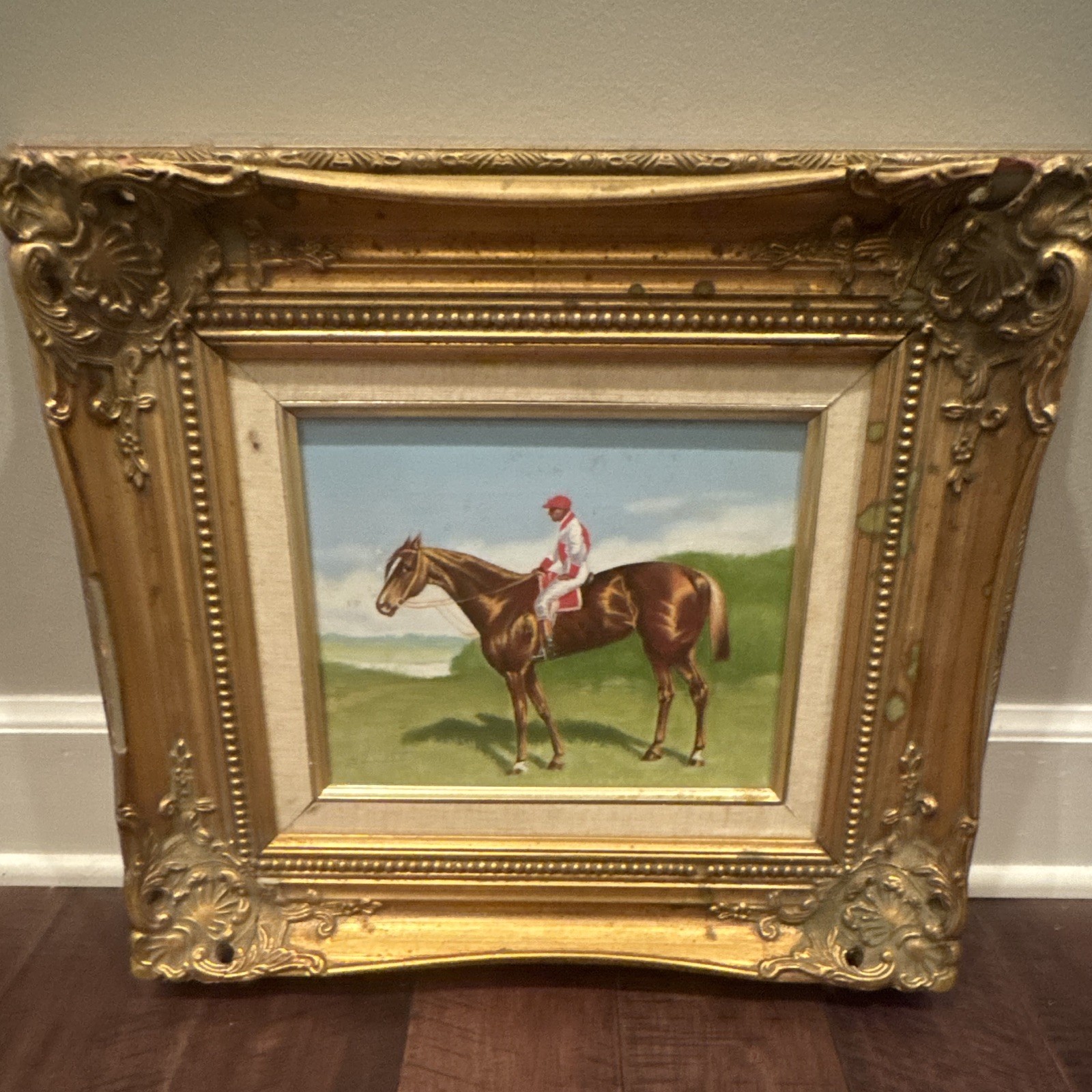 Framed Realism Horse & Jockey Landscape Painting, Single Piece