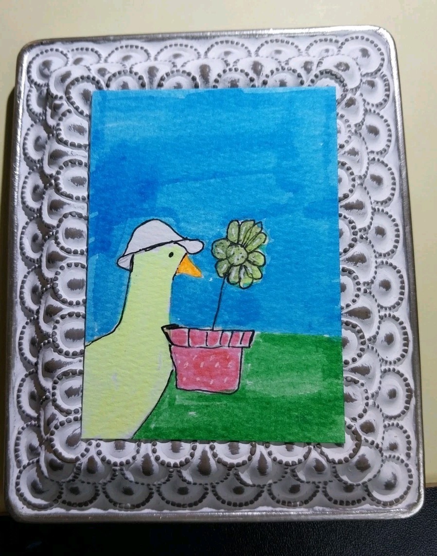 Duck Flowers Art 3.5 X2.5 Impressionist Original Painting Whimsical Animals Aceo