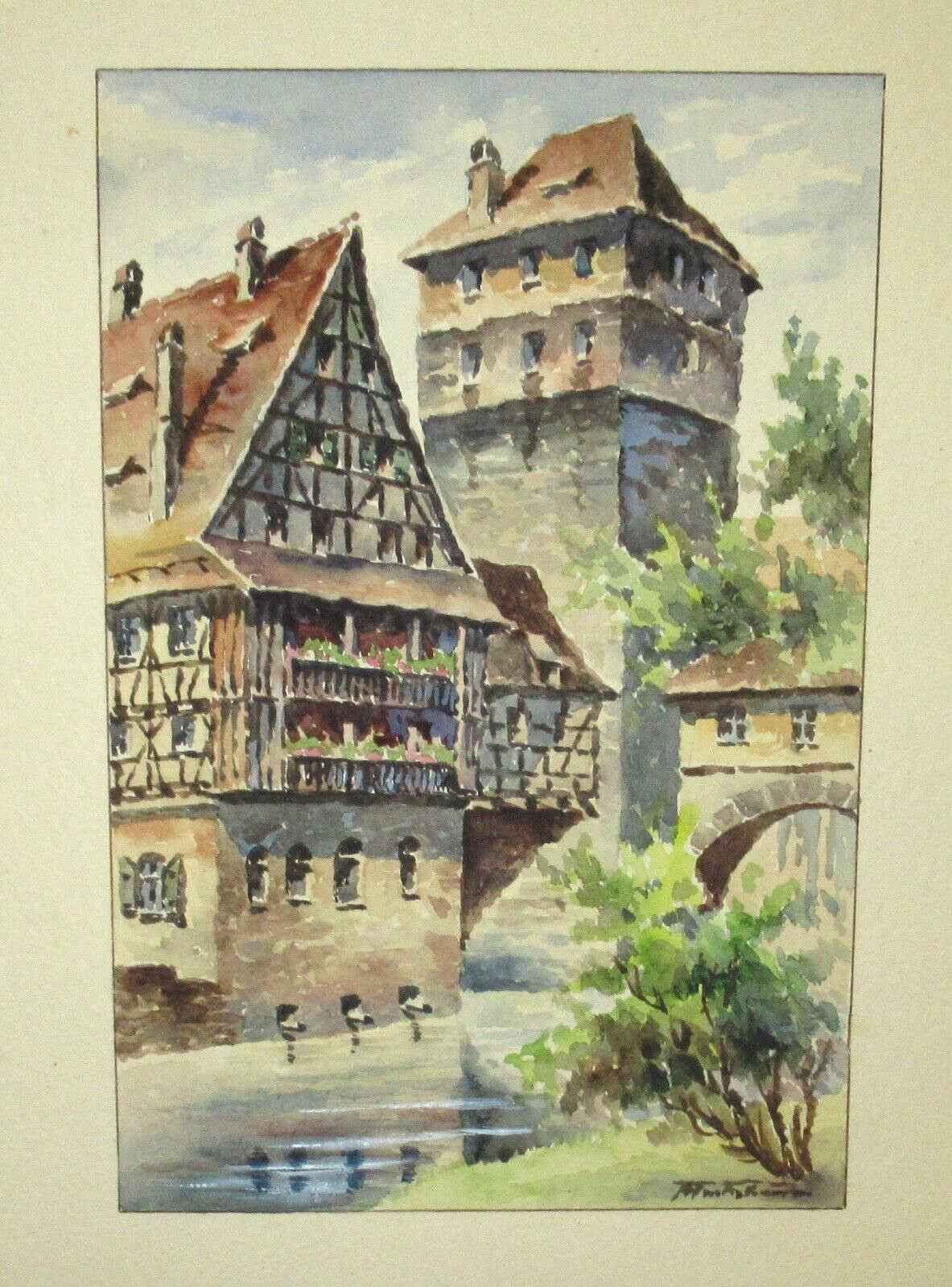 AMSTERDAM RIVER STREET SCENE OLD ORIGINAL WATERCOLOR LANDSCAPE PAINTING UNSIGNED