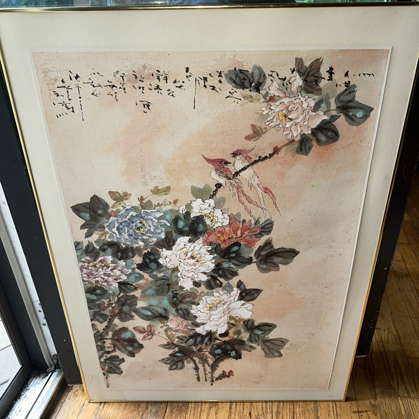 John H Chen Chinese Original Watercolor Of Two Birds And Floral Scape No Glass