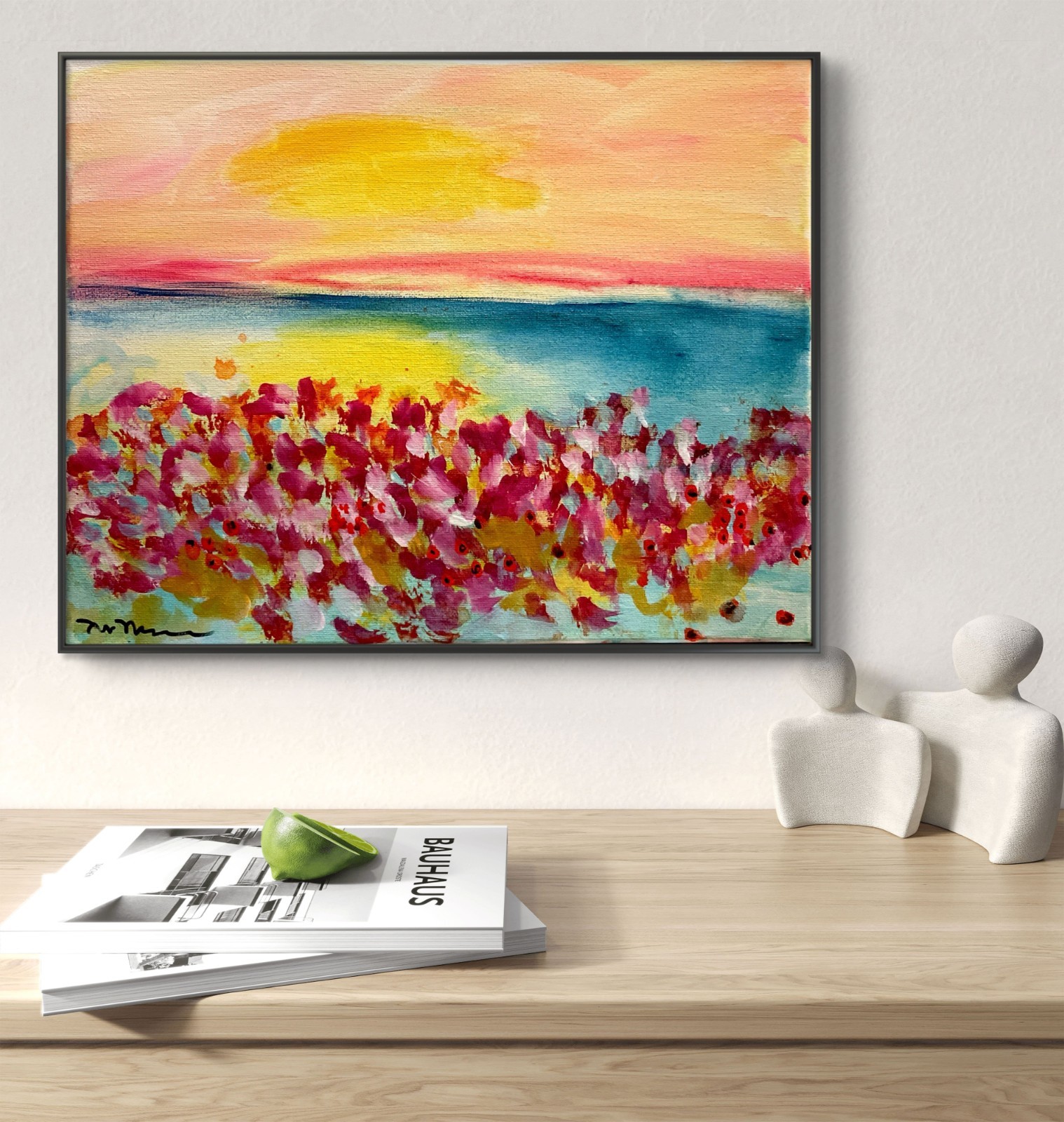 Mary Myers Original Abstract Expressionism 11×14 Sunset Poppies Seascape Signed