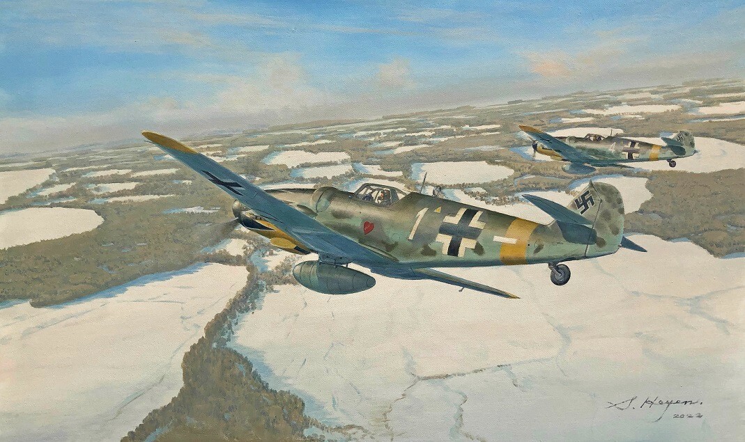 Original Aviation Art: Messerschmitt Bf109G6 Erich Hartmann oil painting