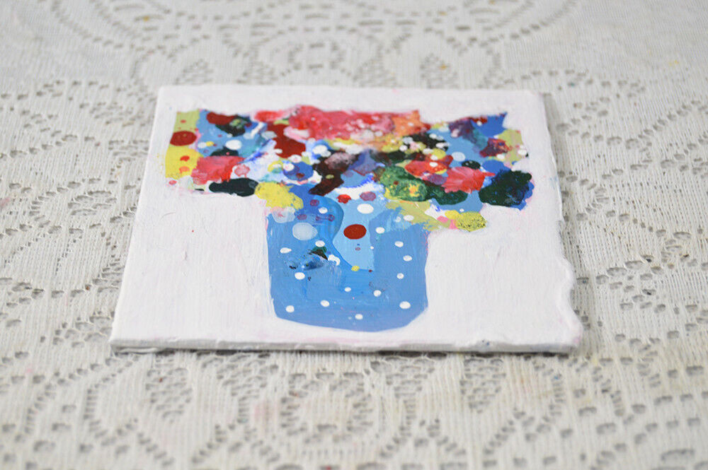 Blue Abstract Flower Painting 4×4 Mini Original Floral Palette Knife Art