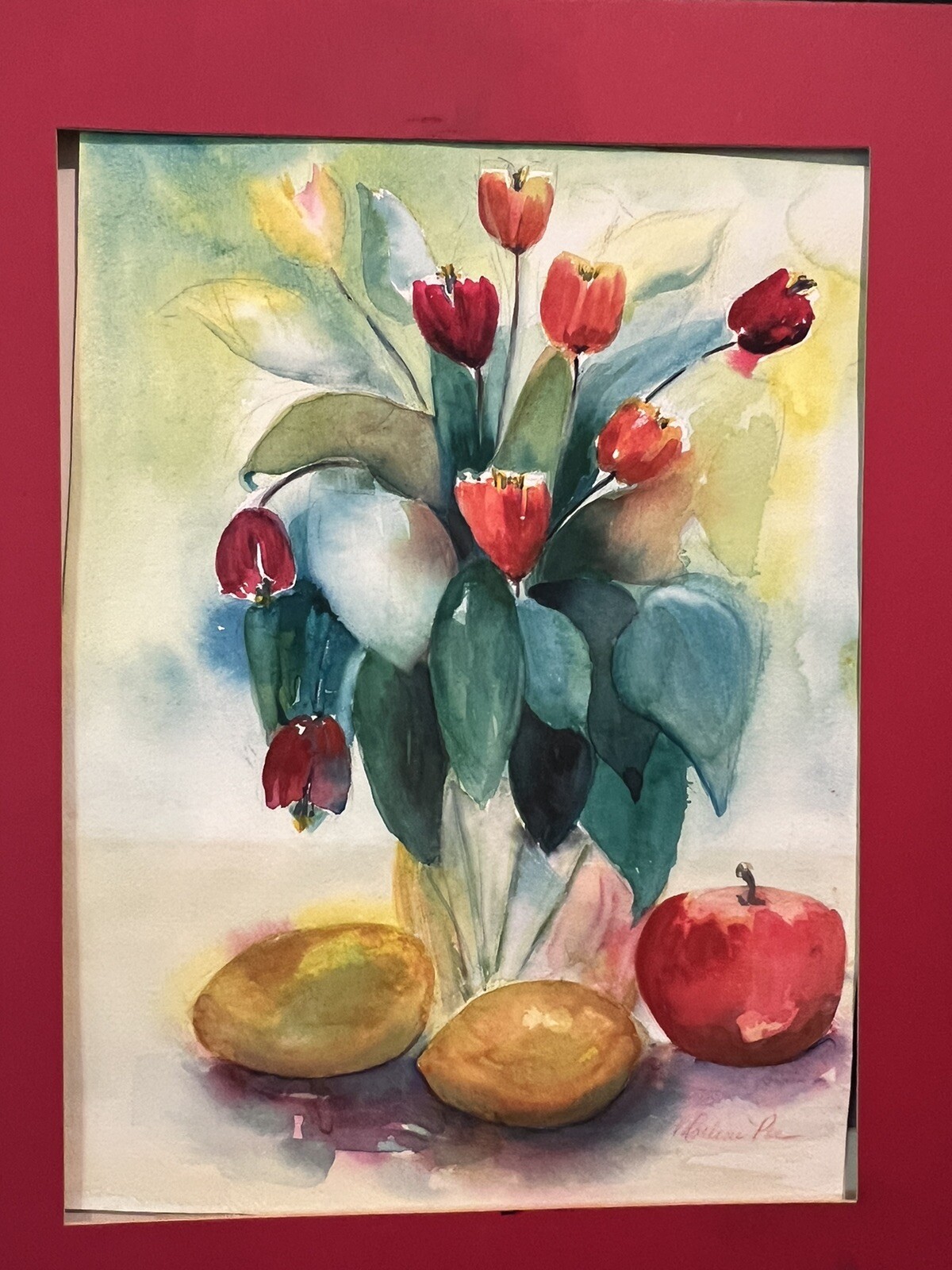Orig Watercolor Painting 12×16 Tulips + Fruit Abstract Reds Yellows Unframed