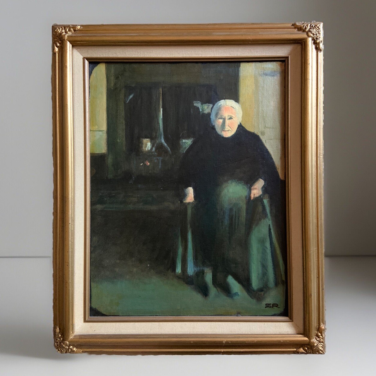 Vintage Original Oil Painting Grandmother by Sheila Reiss old woman in kitchen