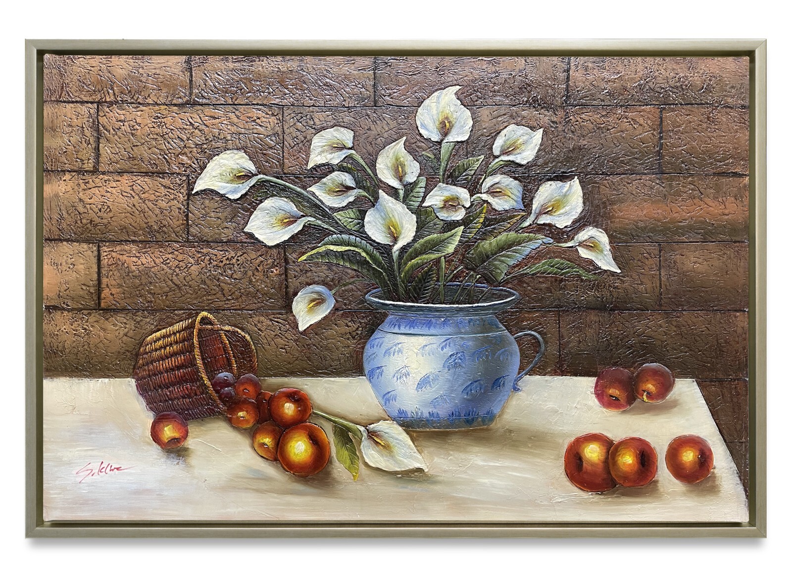 Hungryartist -Original Oil Painting of White Flowers on Canvas 24×36 Framed
