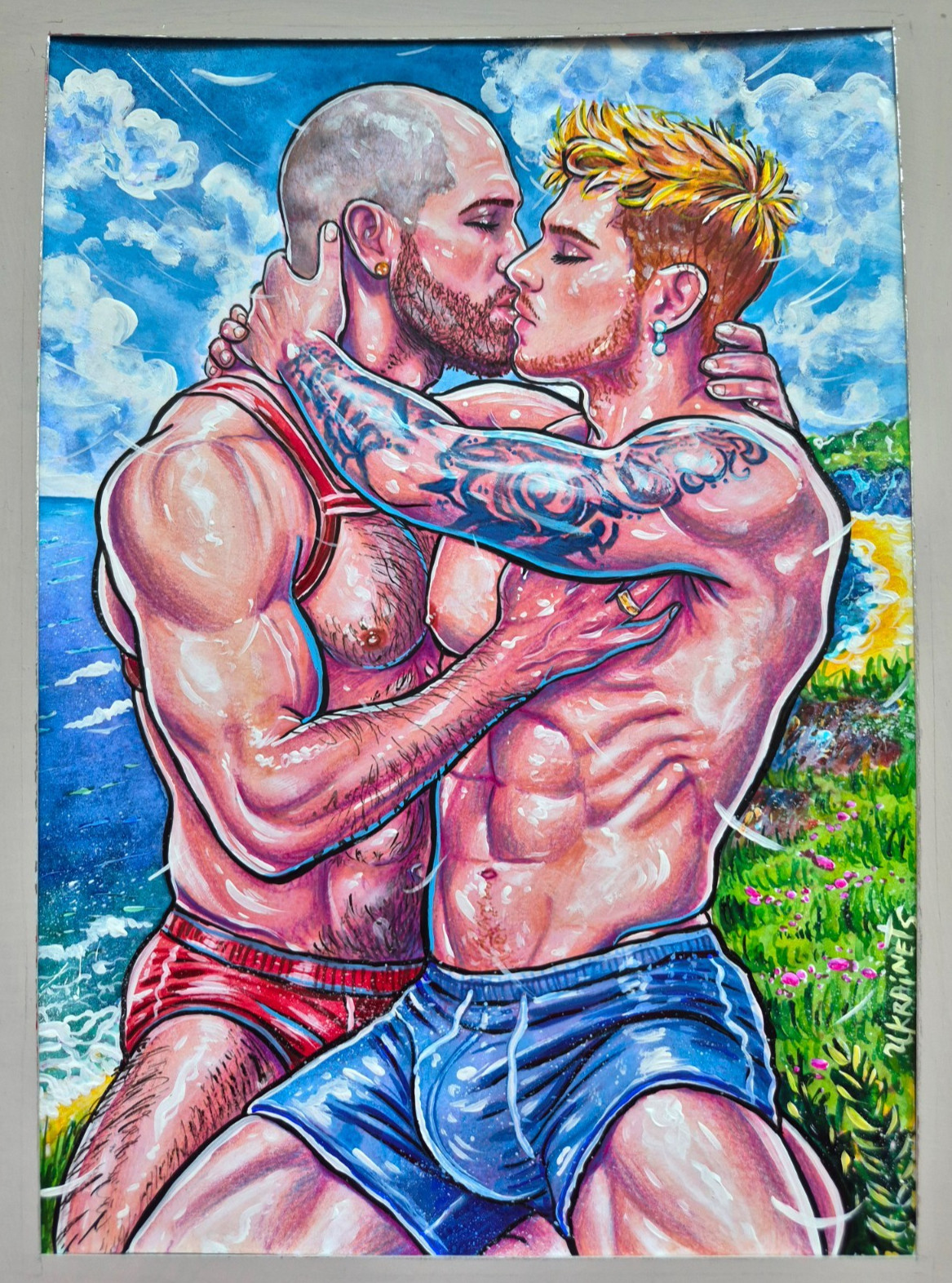 Original Gay Couple Painting LGBTQ Romantic Art Men Kissing Beach Artwork A4