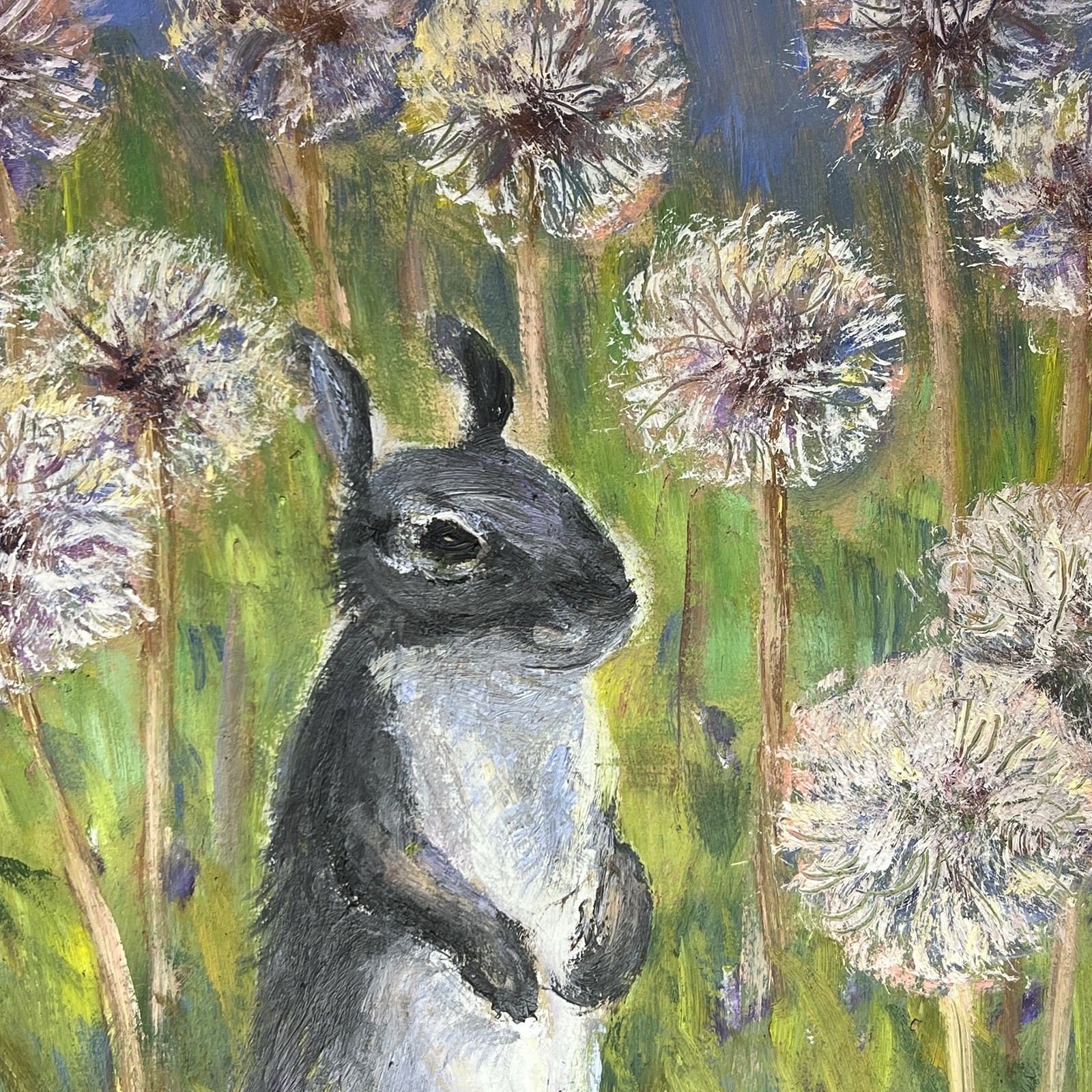 Hand Painted Squirrel Dandelions Wall Art 12×12 Animal Oil Painting On Cardboard