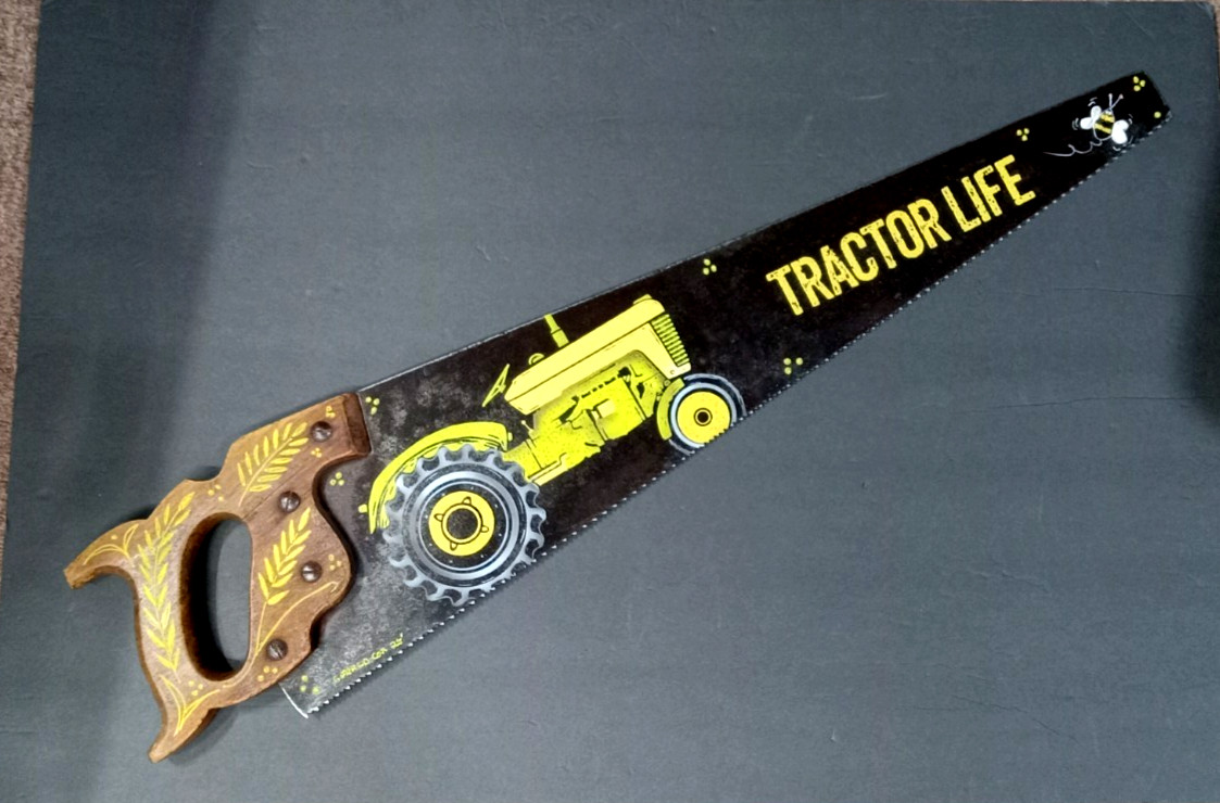 Hand saw painted with farm tractor John Deere, Art Hand Saw- Rustic Wall Decor.