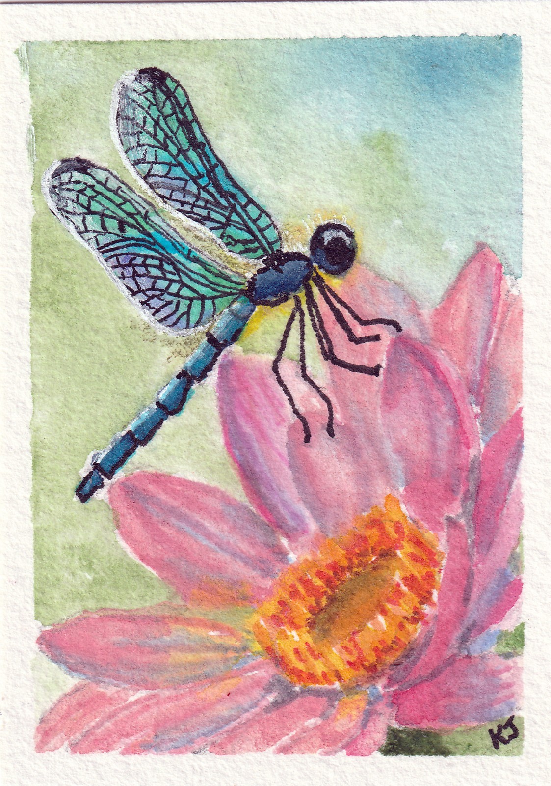 ACEO Original Dragonfly Lotus Flower Whimsical Watercolor Painting by K Jackson