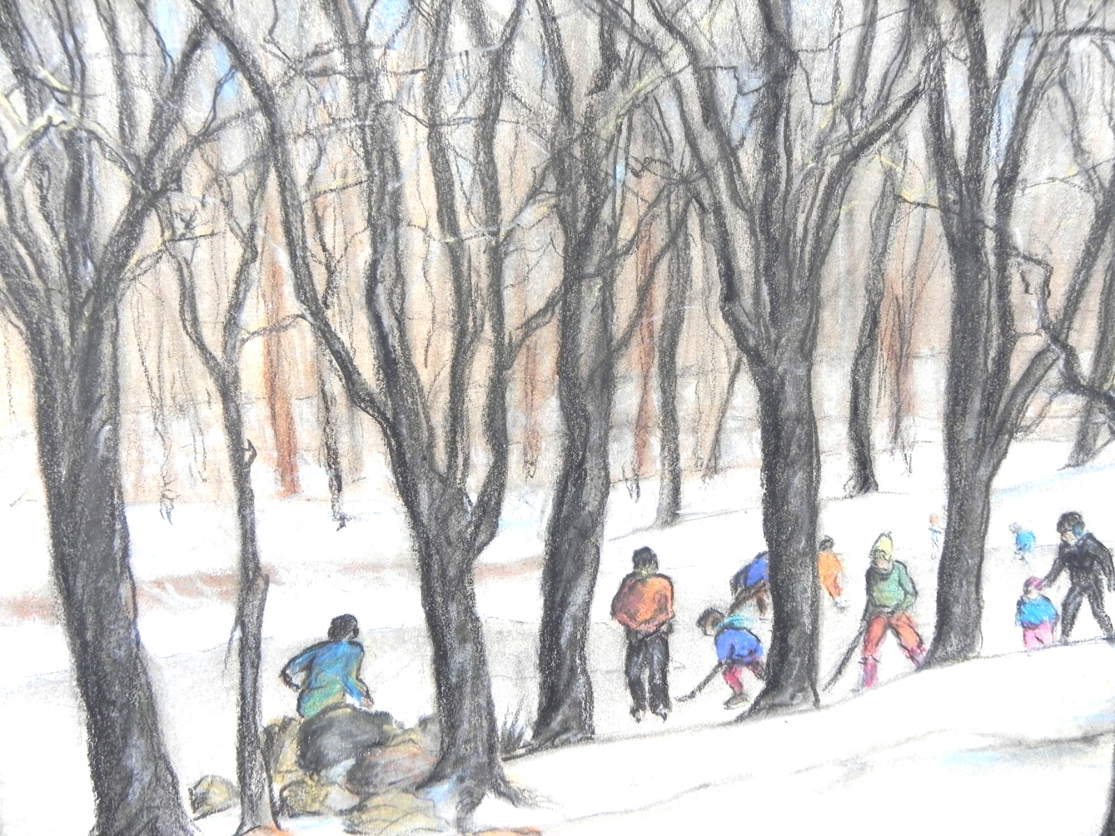 Pastel painting 1965 hockey players on the ice in a park setting signed Garelik