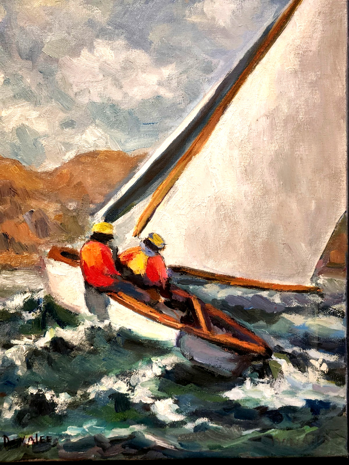 Oil Painting Nautical Sailboat Sailors Ocean Scene Framed Original by Donalee