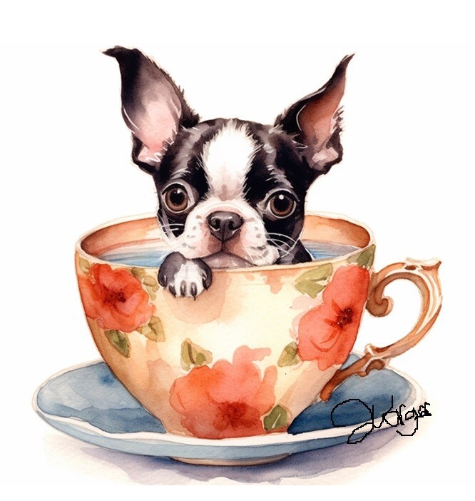 Watercolor Boston Terrier in a teacup Painting Art Print