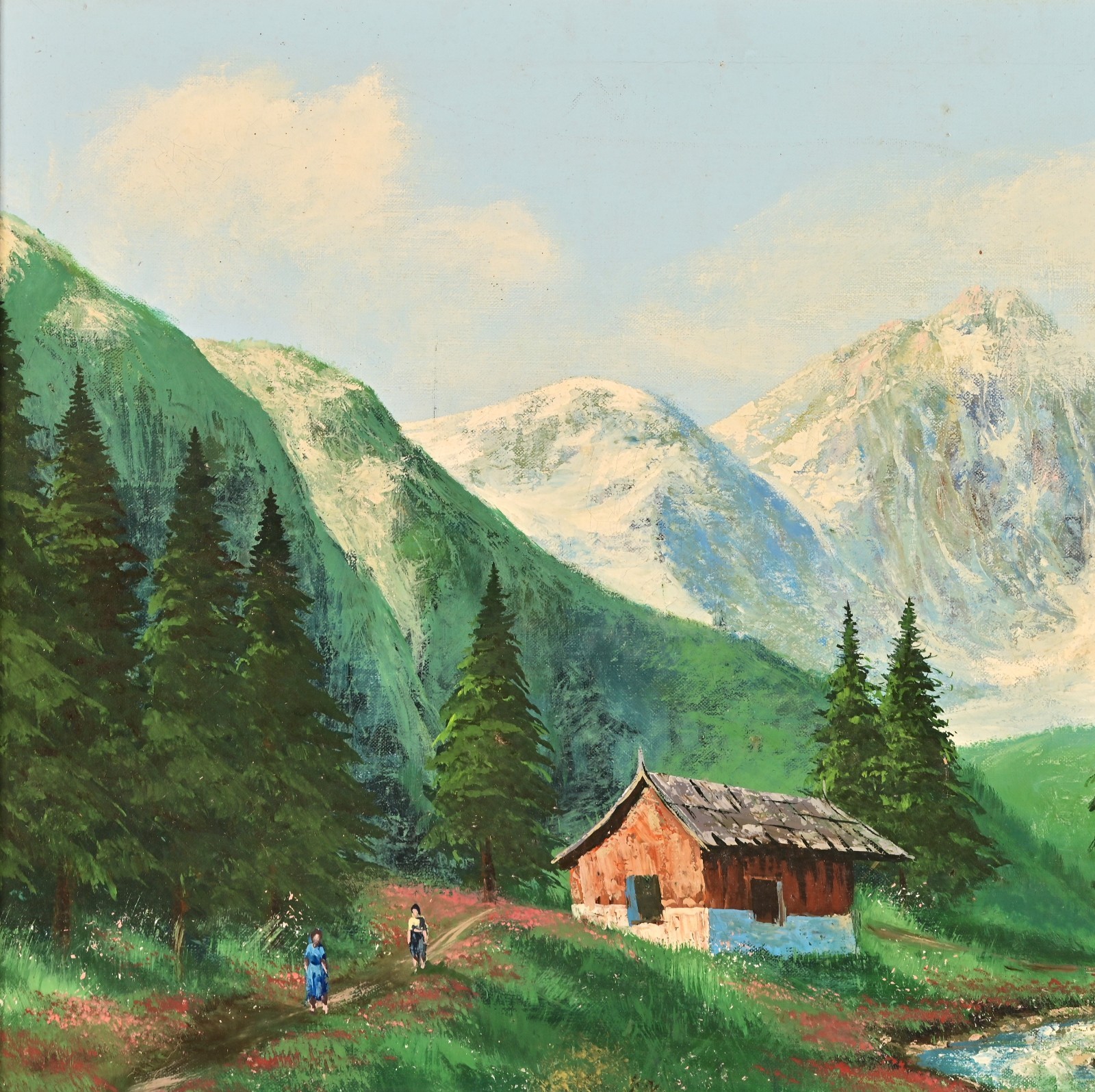 FAIG Original Vintage Signed Figurative Mountain Lake Landscape Oil Painting