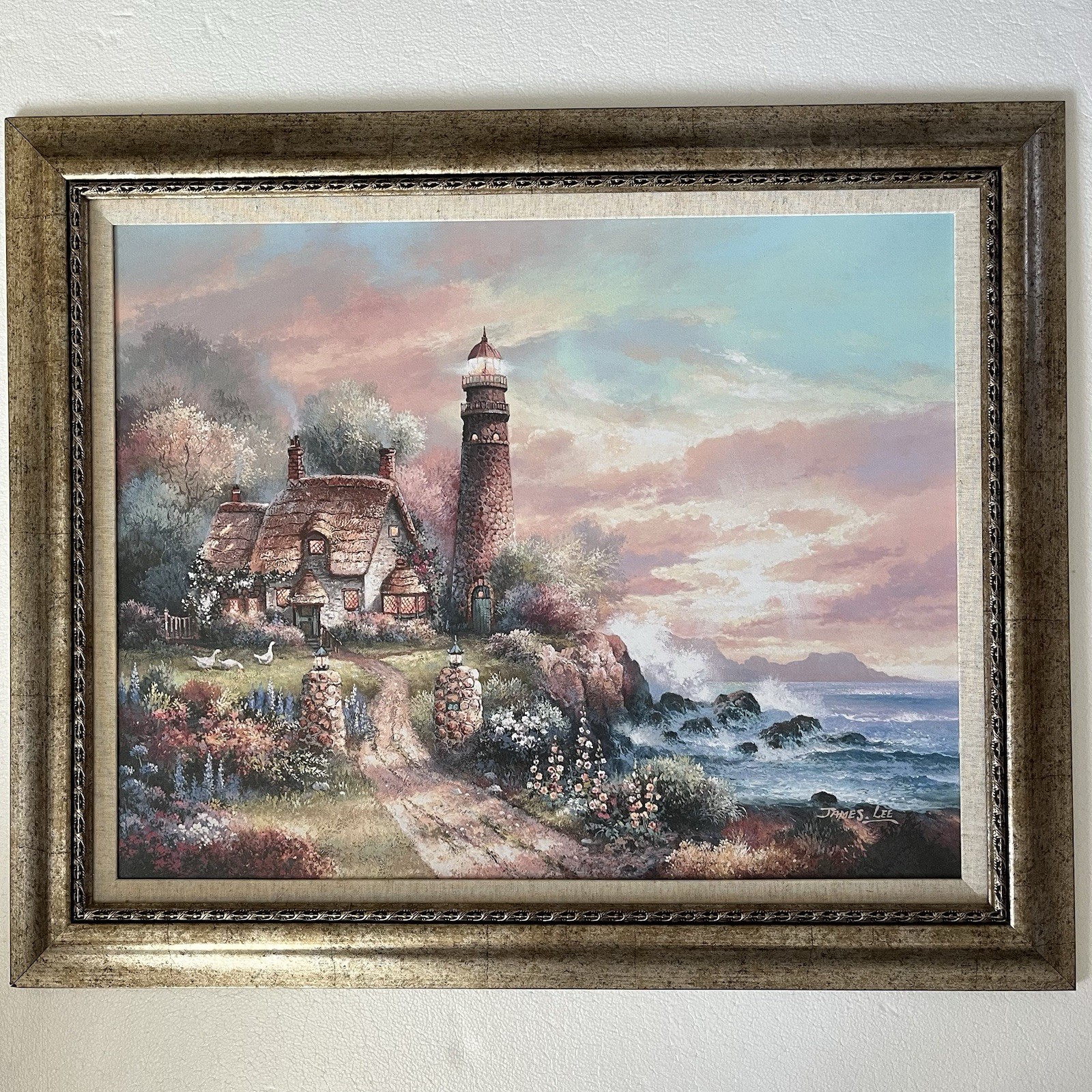 Evening Light By James Lee Painting Light House Signed Framed 34.5X28.5 Coastal