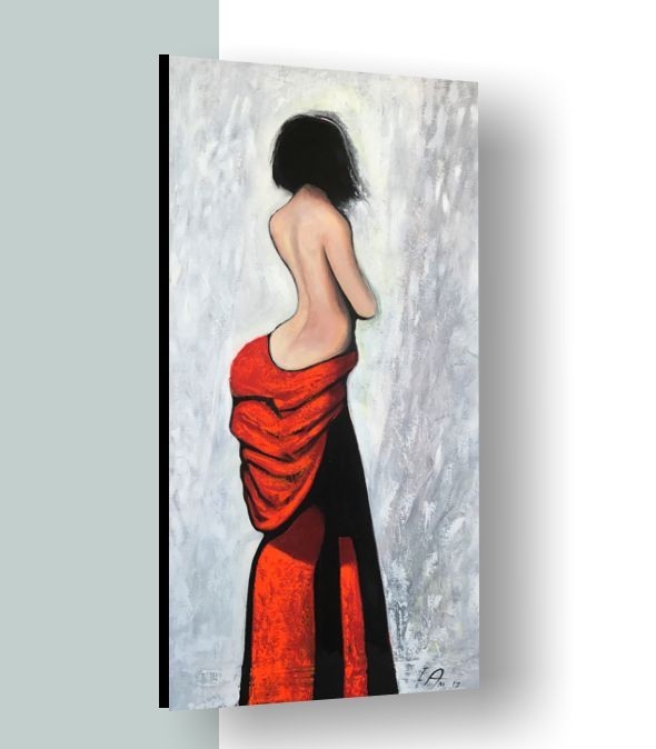 Red Dress Model Side Figurative Acrylic on Canvas Painting 24″x48″