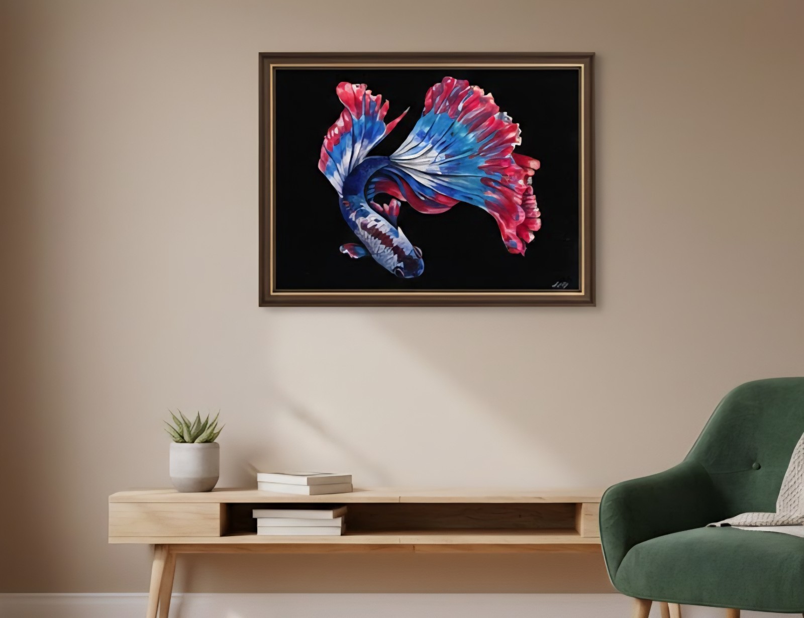 🔵 Freedom Betta / Original Painting, Fish, Art Decor, Hybrid Fluid Realism