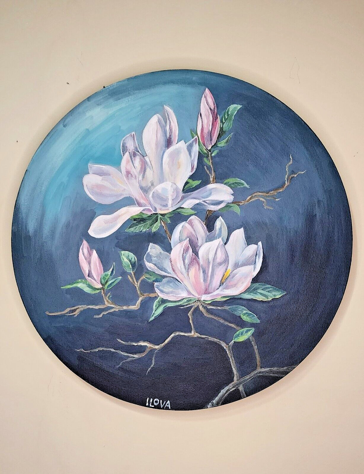Exquisite Hand-Painted Magnolia Artwork on Round Canvas – One of a Kind by ILOVA