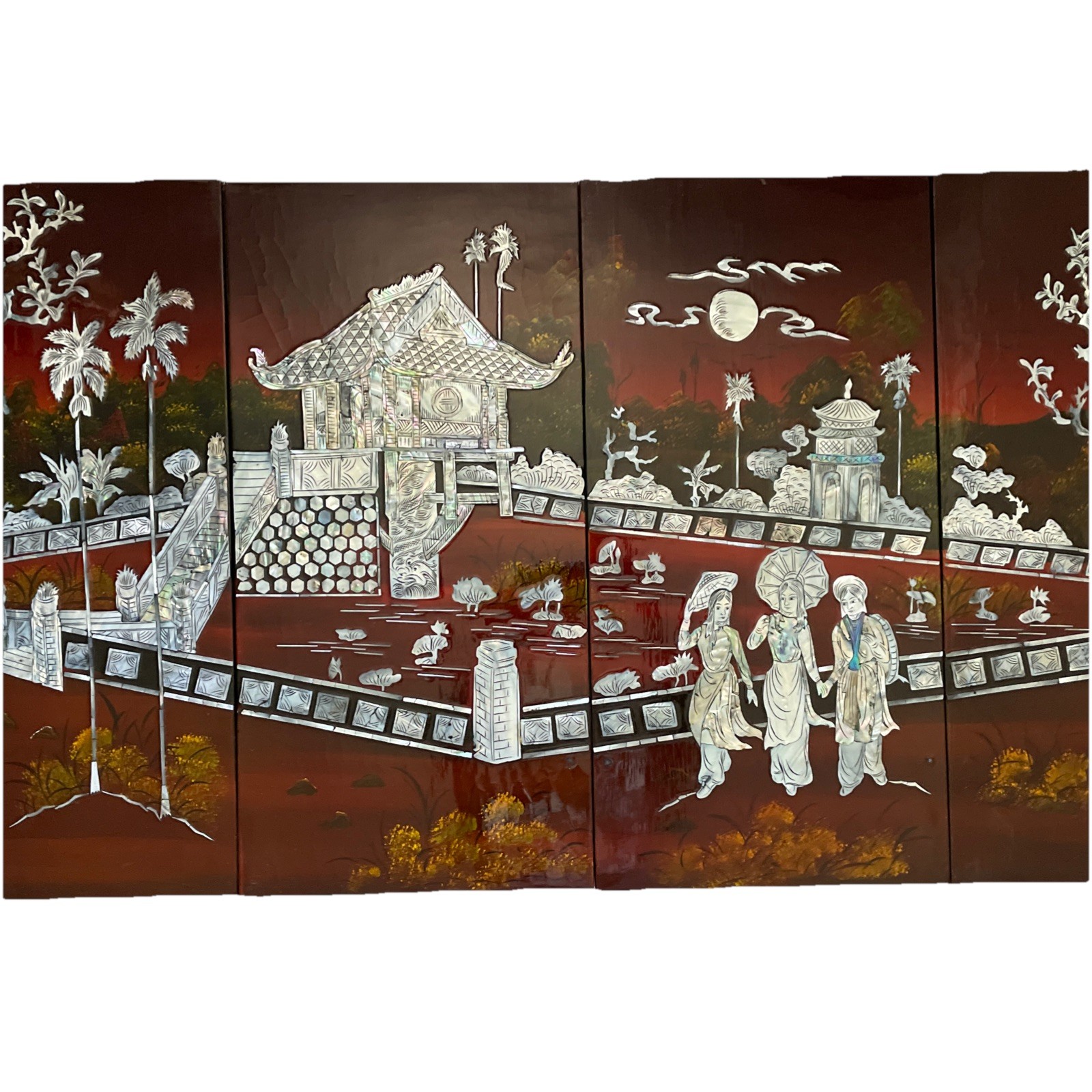 Asian Vietnamese 4 Lacquer Piece Artwork 23″HX45.6″L