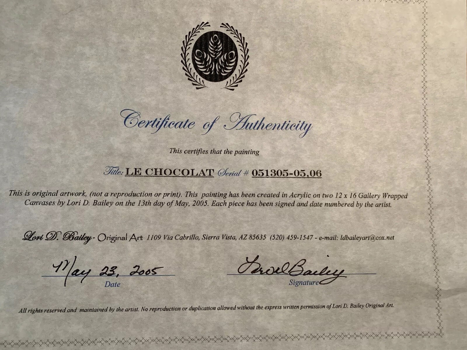 “Le Chocalat” 2-16×12” Original Artwork Signed Lori D. Bailey W/COA