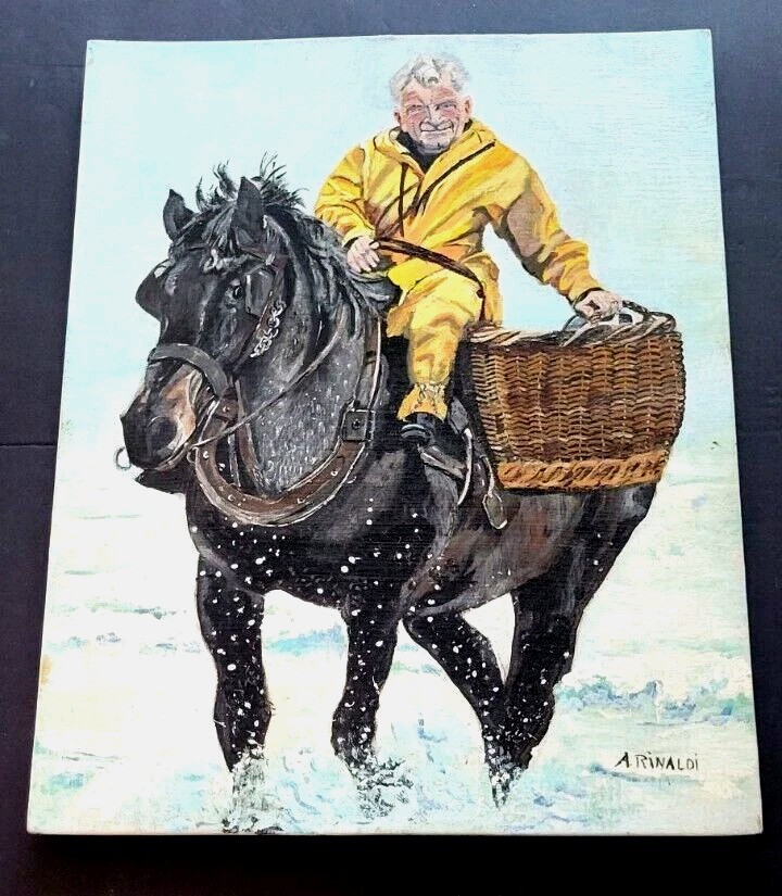 1989 Folk Art Original Painting Cowboy Horse Straw Basket Signed Angie Rinaldi