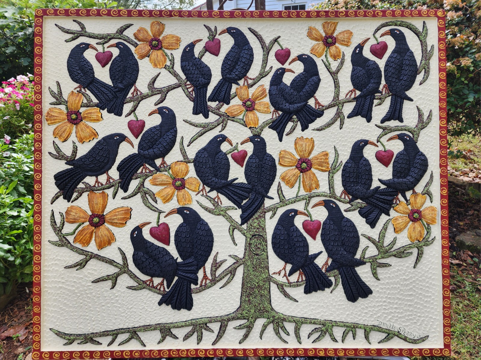 Danette Sperry Southern Primitive Folk Art Blackbirds Painting «My Heart SINGS