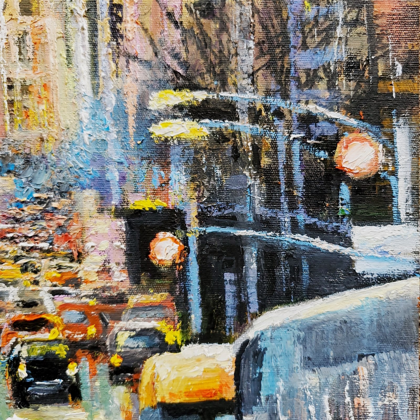 YARY DLUHOS New York City Street NYC Traffic People Lights Original Oil Painting