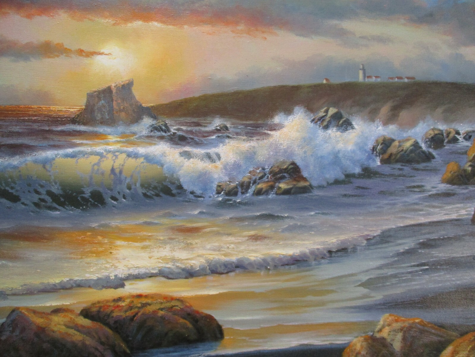 Coastal Sunset Beach Painting Landscape American Vintage Nautical Seascape Oil