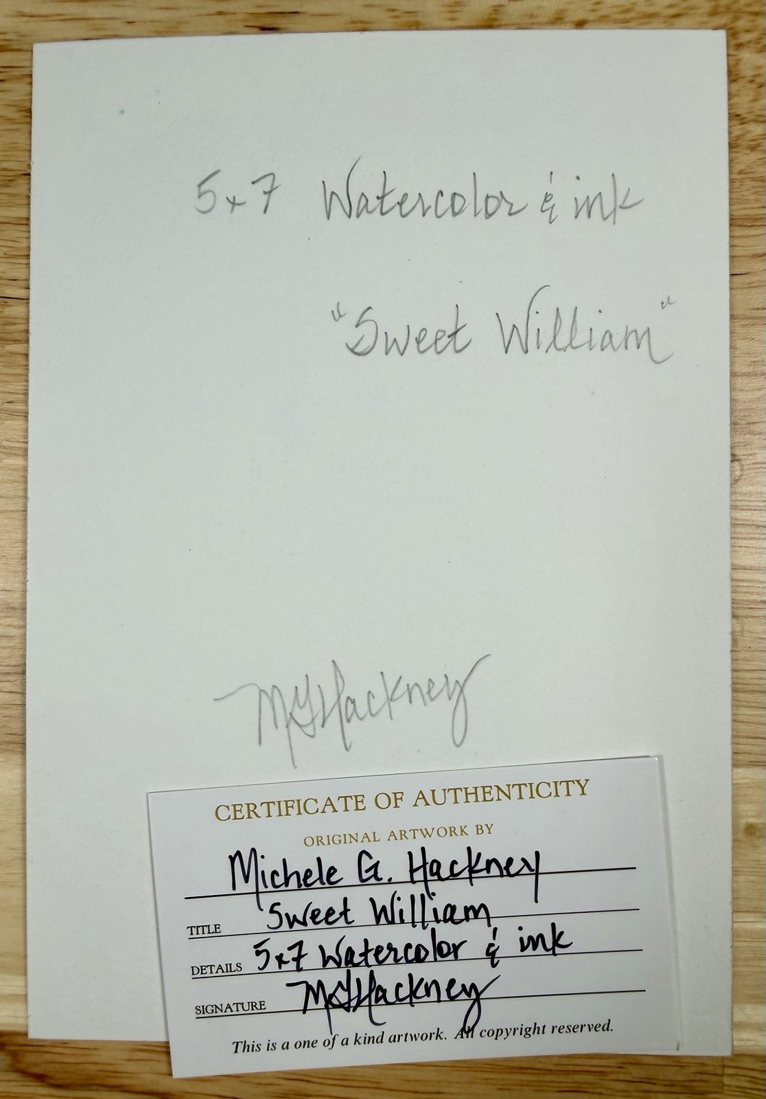 Painting by M. Hackney Sweet William Floral Watercolor & Ink, Signed, 5×7 COA