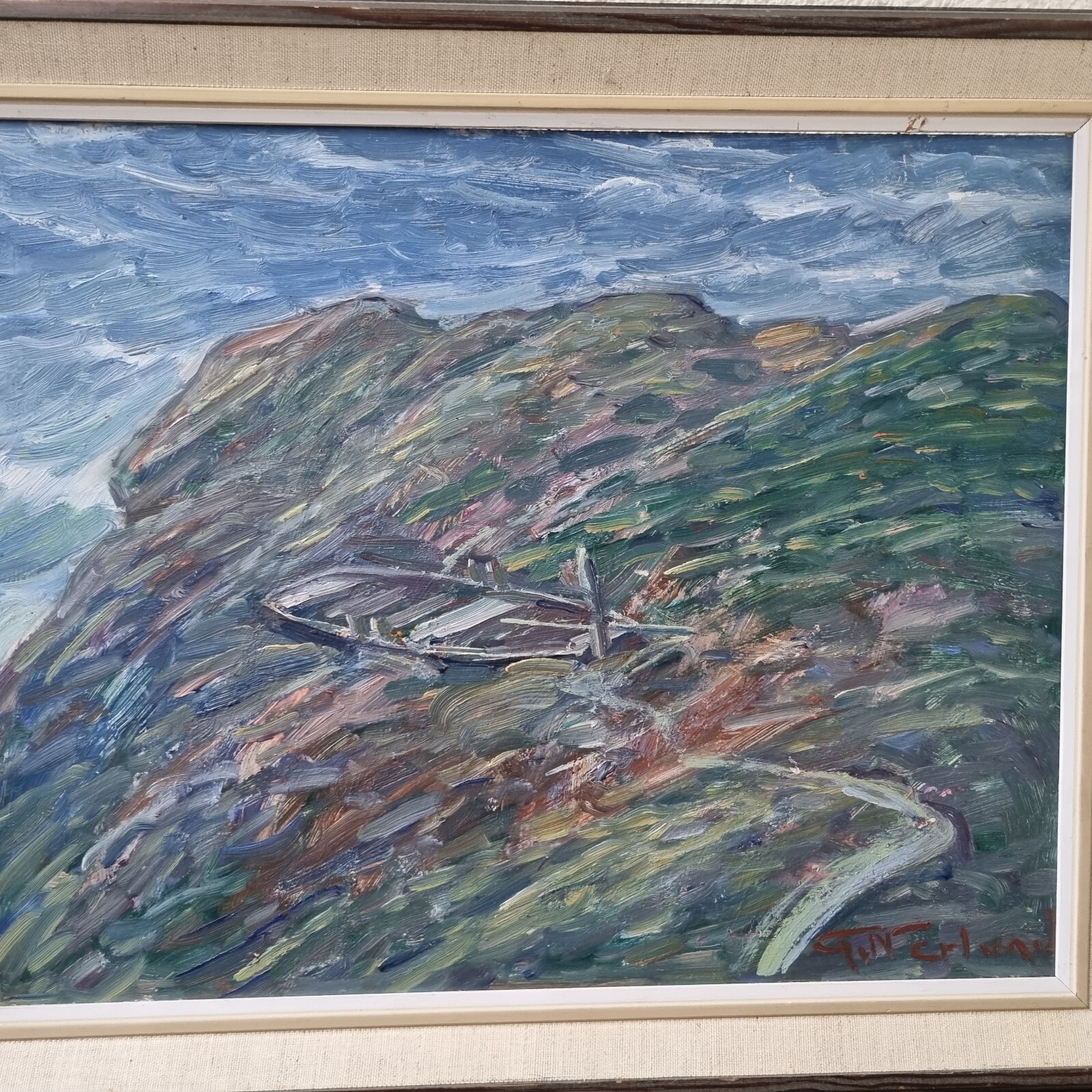Gunnar Nerlund, Boat, coastal landscape, Oil on cardboard, Vätterstranden ,60s