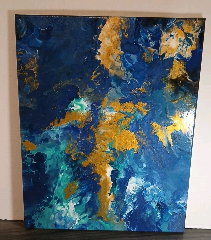 Acrylic Pour Painting Abstract Blues Black Gold White 14×20 Unframed OOAK