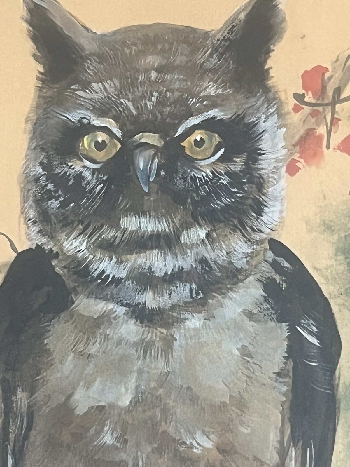 Painting on silk Depicting an Owl Signed with Chopmark Sumi-e Di Pu? Thing again