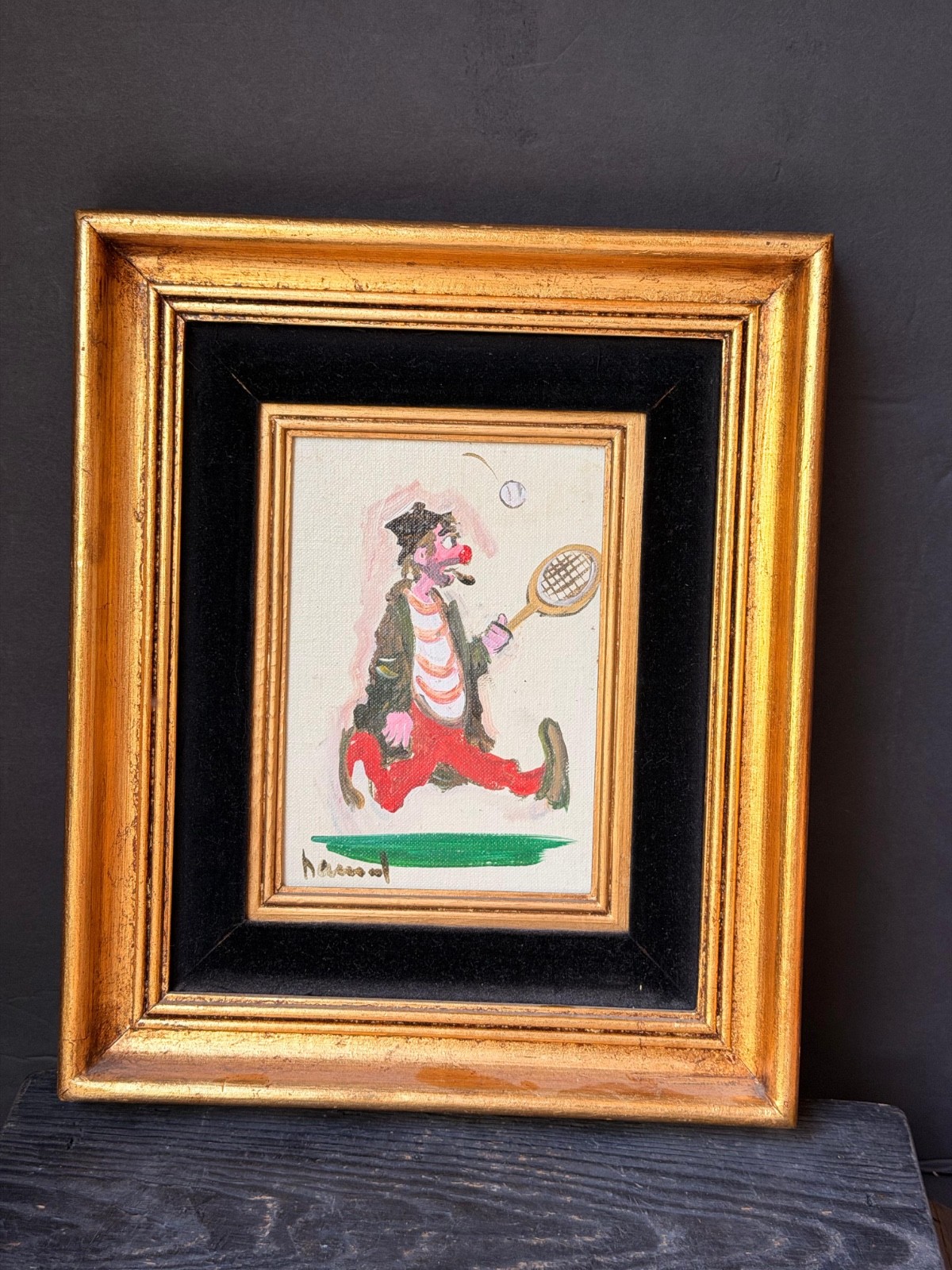 Vintage Signed Hobo Clown Tennis Painting Ornate Gold & Velvet Frame 12×10