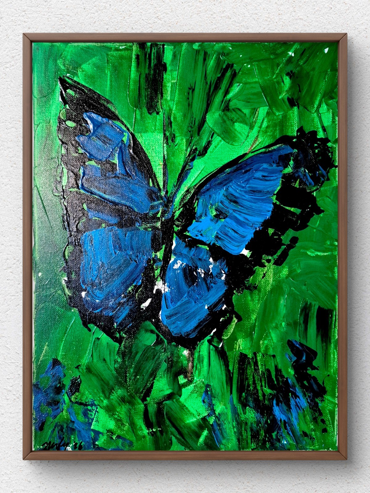 Original Hand Painted 11×14 Blue Butterfly Art on Canvas Signed Abstract A060