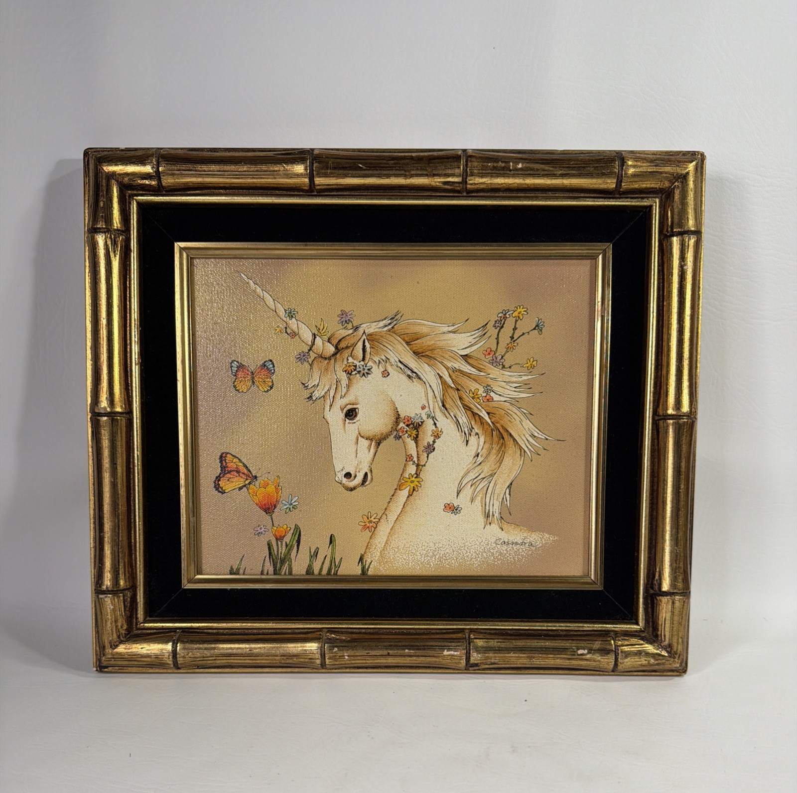 Gold Framed Unicorn Horse Oil Painting on Canvas Signed by Casandra MCM 8 x 10”