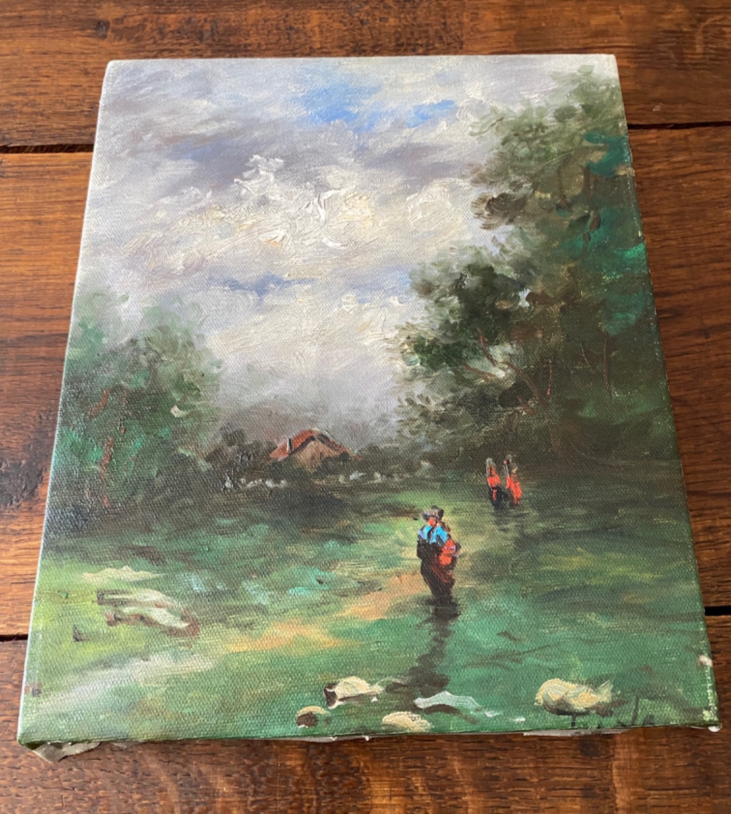 1980’s Oil Painting Landscape Fishing Theme 8x 10